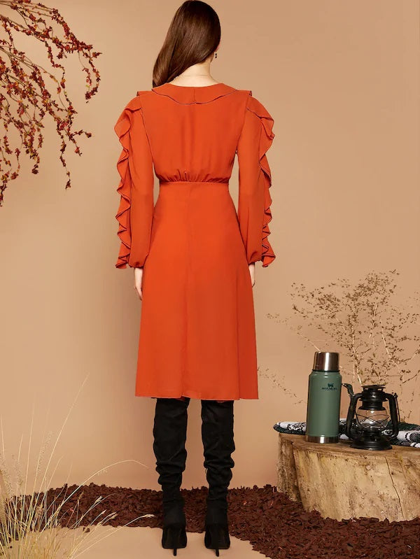 CM-DS820132 Women Elegant Seoul Style Ruffle Detail Lantern Sleeve Flare Midi Dress - Orange