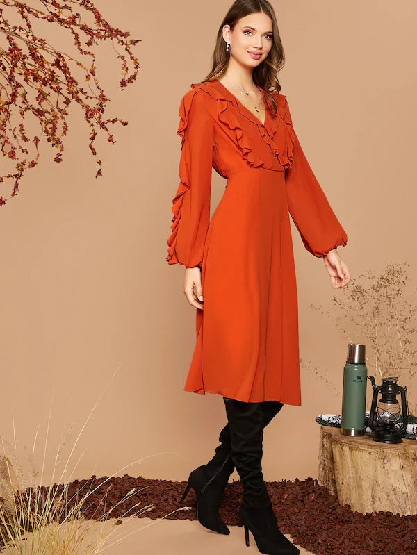 CM-DS820132 Women Elegant Seoul Style Ruffle Detail Lantern Sleeve Flare Midi Dress - Orange