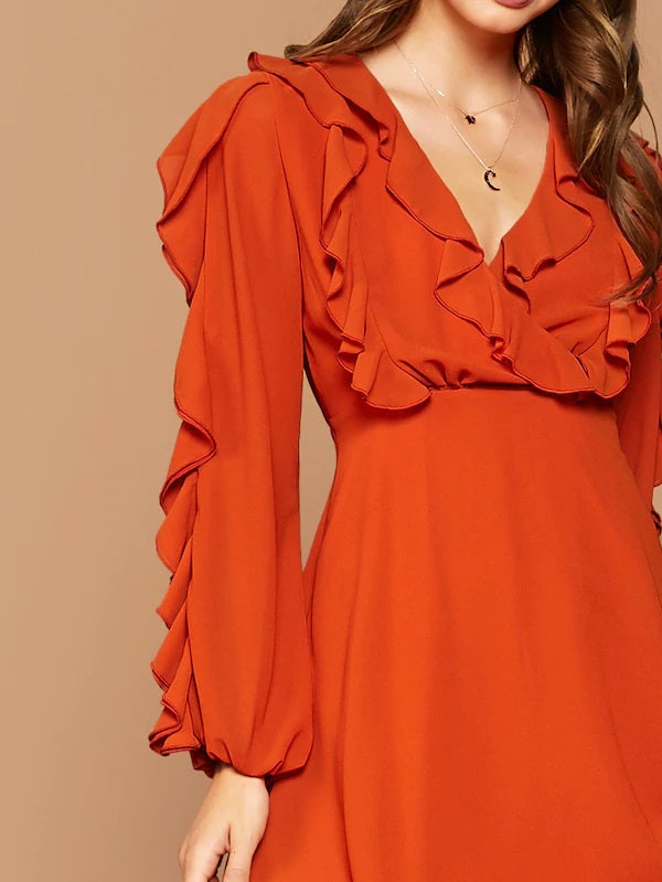 CM-DS820132 Women Elegant Seoul Style Ruffle Detail Lantern Sleeve Flare Midi Dress - Orange