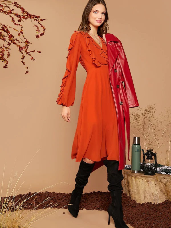 CM-DS820132 Women Elegant Seoul Style Ruffle Detail Lantern Sleeve Flare Midi Dress - Orange