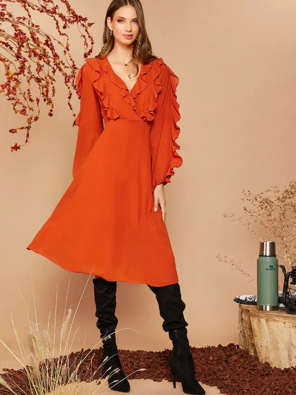 CM-DS820132 Women Elegant Seoul Style Ruffle Detail Lantern Sleeve Flare Midi Dress - Orange