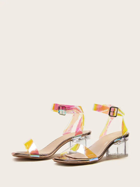 CM-SHS920846 Women Elegant Seoul Style Holographic Ankle Strap Chunky Heels