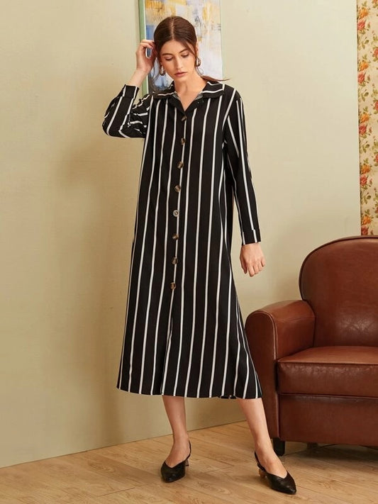 CM-DS923424 Women Casual Seoul Style Long Sleeve Button Front Striped Shirt Dress - Black