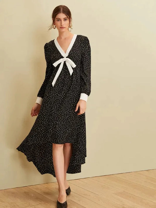 CM-DS923430 Women Elegant Seoul Style Polka Dot V-Neck Tie Front Asymmetrical Hem Dress - Black