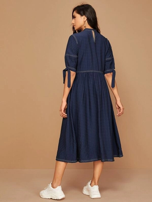CM-DS828005 Women Casual Seoul Style Round Neck Half Sleeve Pocket Knotted Cuff Dress - Navy Blue