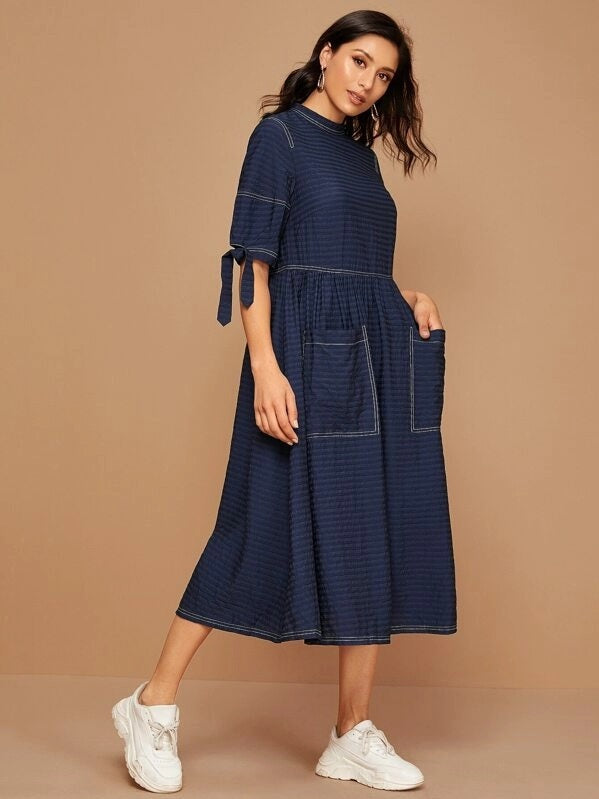 CM-DS828005 Women Casual Seoul Style Round Neck Half Sleeve Pocket Knotted Cuff Dress - Navy Blue