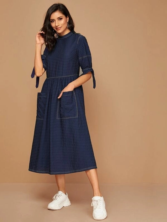 CM-DS828005 Women Casual Seoul Style Round Neck Half Sleeve Pocket Knotted Cuff Dress - Navy Blue