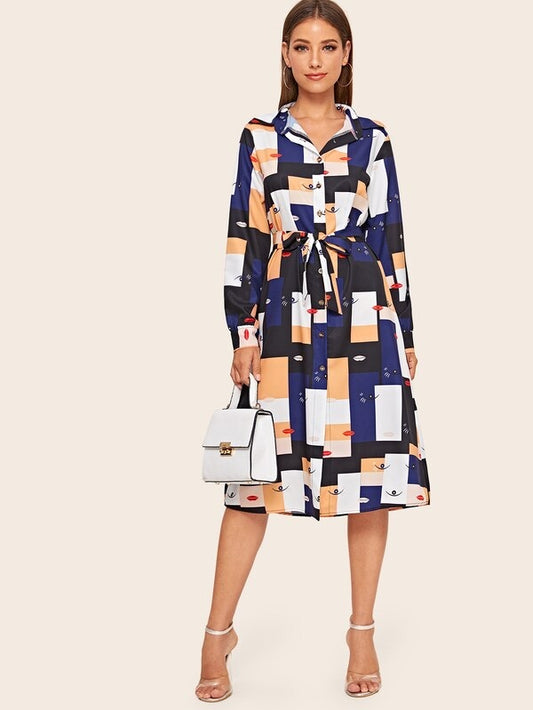 CM-DS923474 Women Casual Seoul Style Long Sleeve Geometric Pattern Self Tie Shirt Dress