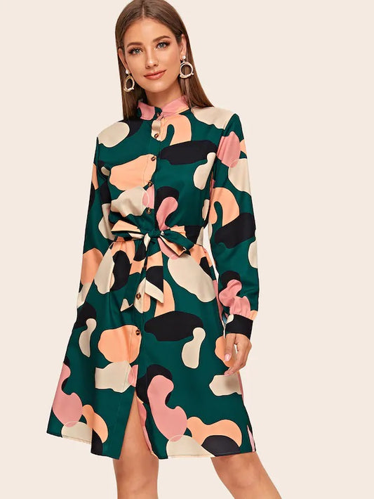 CM-DS923939 Women Casual Seoul Style Long Sleeve Graphic Self Tie Shirt Mini Dress - Green