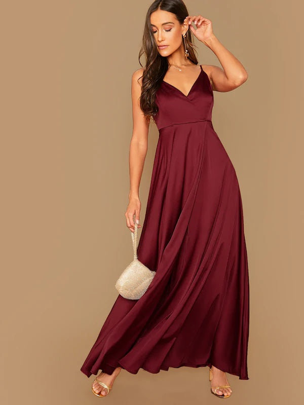 CM-DS904020 Women Elegant Seoul Style Sleeveless Surplice Wrap Solid Satin Long Dress - Wine Red