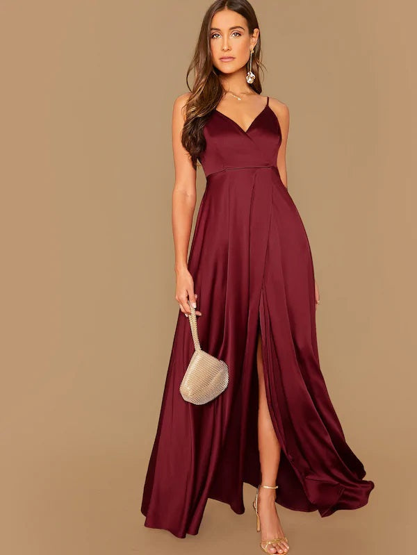 CM-DS904020 Women Elegant Seoul Style Sleeveless Surplice Wrap Solid Satin Long Dress - Wine Red