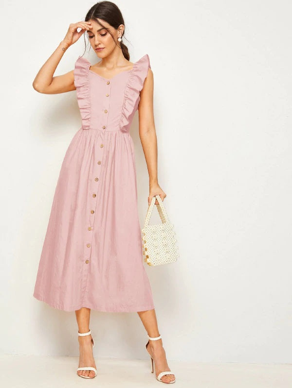 CM-DS801146 Women Casual Seoul Style Cap Sleeve Ruffle Trim Button Up Long Dress - Pink