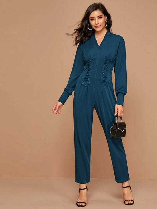 CM-JS924672 Women Casual Seoul Style Long Sleeve Notch Neck Lace Up Front Jumpsuit - Blue