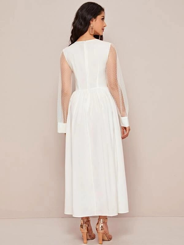 CM-DS909590 Women Elegant Seoul Style Mesh Sheer Sleeve High Waist Dress - White