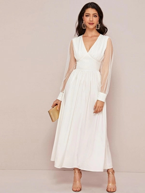 CM-DS909590 Women Elegant Seoul Style Mesh Sheer Sleeve High Waist Dress - White