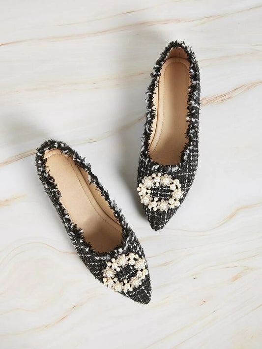 CM-SHS924434 Women Elegant Seoul Style Point Toe Raw Trim Ballet Flats - Black