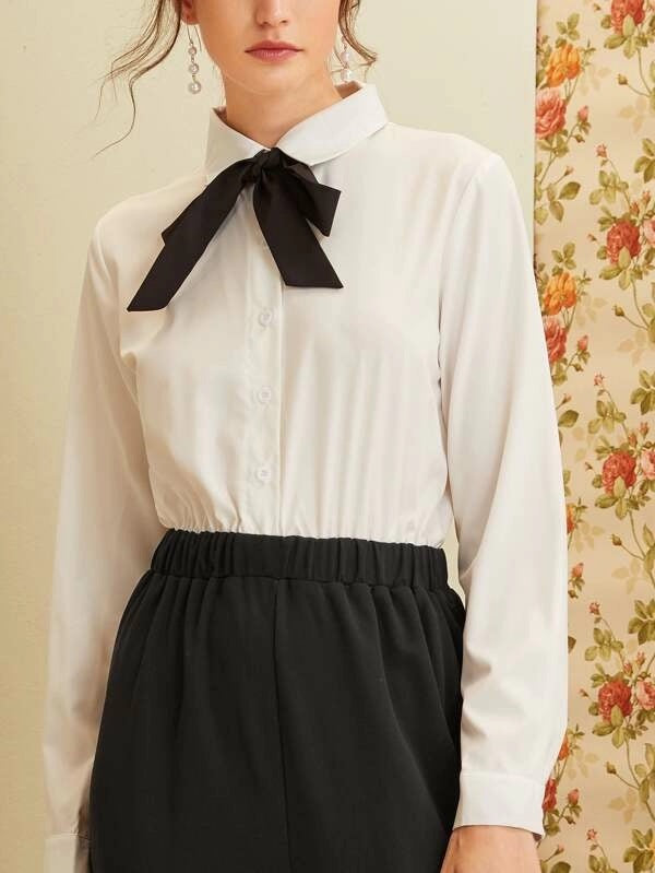 CM-JS924280 Women Preppy Seoul Style Long Sleeve Tie Neck Half Button Spliced Shirt Jumpsuit