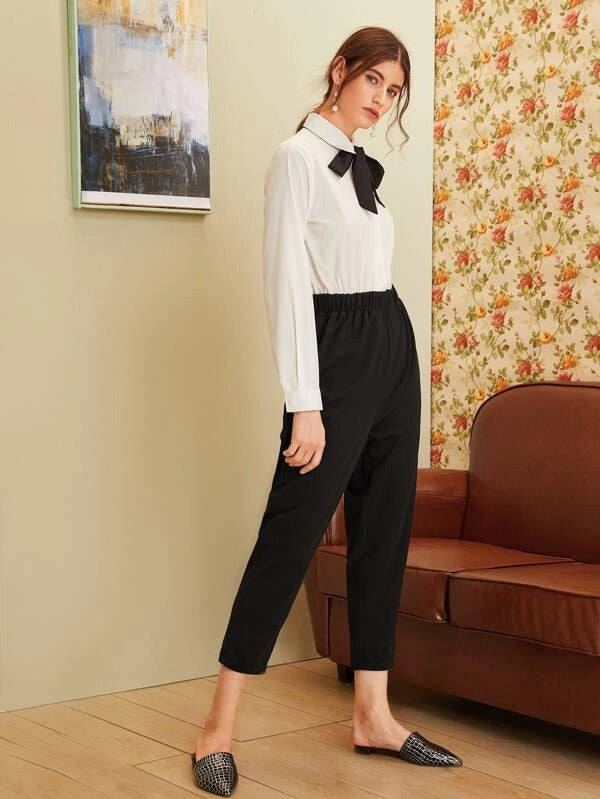 CM-JS924280 Women Preppy Seoul Style Long Sleeve Tie Neck Half Button Spliced Shirt Jumpsuit