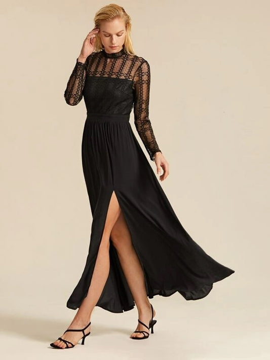CM-DS916512 Women Elegant Seoul Style Long Sleeve Lace Split Thigh Flare Long Dress - Black