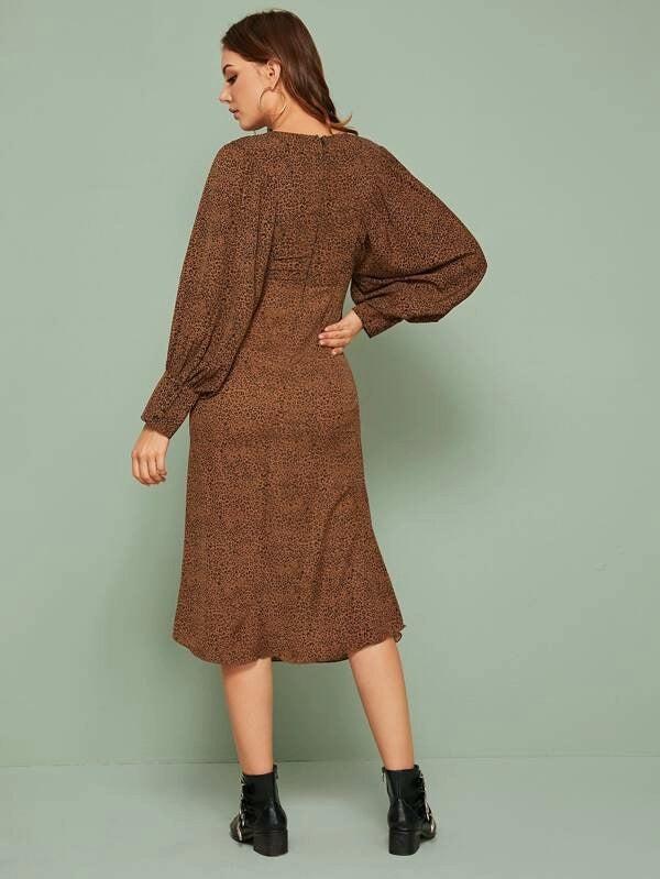 CM-DS923171 Women Casual Seoul Style V-Neck Leopard Balloon Sleeve Midi Fitted Dress - Brown