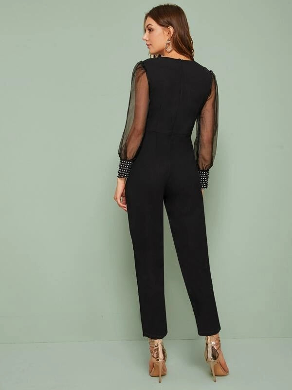 CM-JS923943 Women Elegant Seoul Style Plunging Neck Contrast Mesh Sleeve Jumpsuit - Black