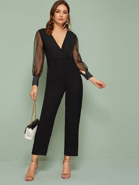CM-JS923943 Women Elegant Seoul Style Plunging Neck Contrast Mesh Sleeve Jumpsuit - Black