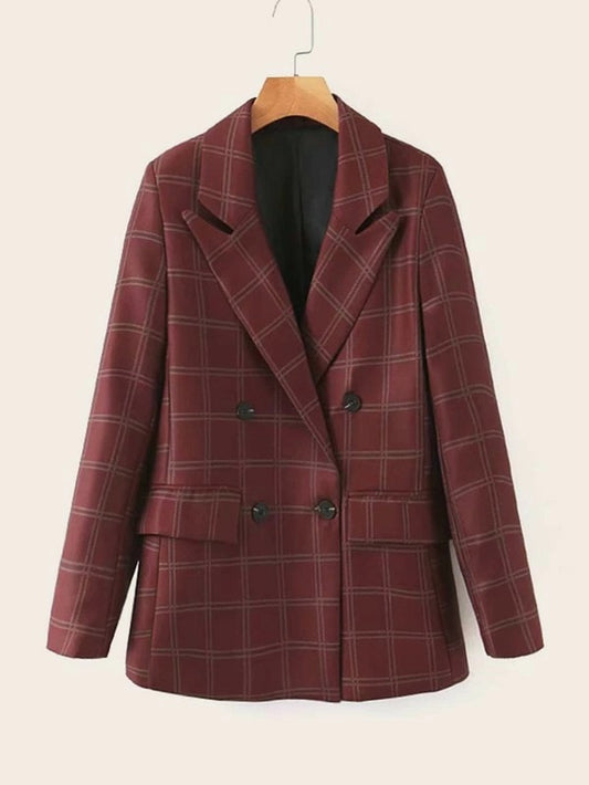 CM-CS926170 Women Elegant Seoul Style Long Sleeve Plaid Double Breasted Lapel Blazer - Wine Red