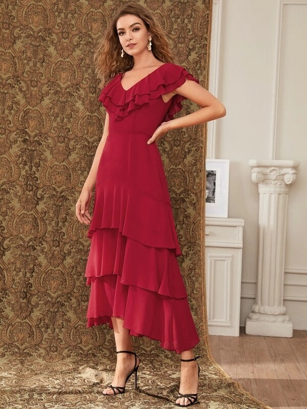 CM-DS822837 Women Elegant Seoul Style Short Sleeve Ruffle Trim Layered Hem Long Dress - Wine Red
