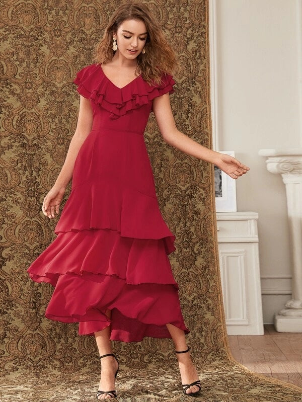 CM-DS822837 Women Elegant Seoul Style Short Sleeve Ruffle Trim Layered Hem Long Dress - Wine Red