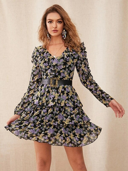 CM-DS828538 Women Trendy Bohemian Style Long Sleeve Frill Trim Layered Hem Floral Print Dress