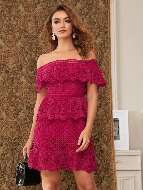 CM-DS902505 Women Elegant European Style Off The Shoulder Ruffle Lace Overlay Dress - Dark Pink