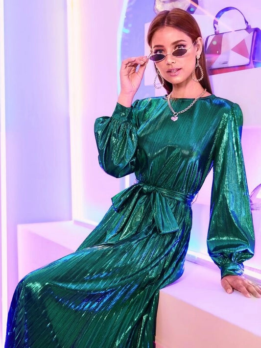 CM-DS916154 Women Elegant Seoul Style Lantern Sleeve Metallic Pleated Dress With Belt - Green