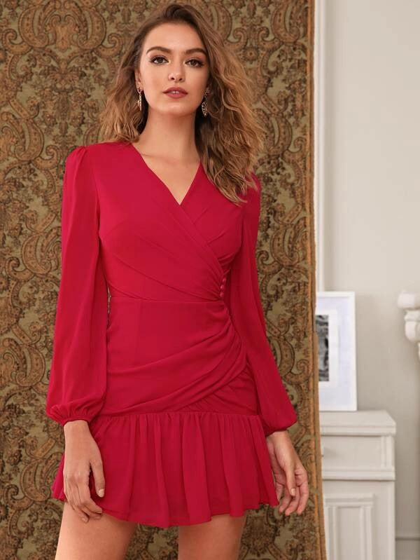 CM-DS902110 Women Casual Seoul Style Long Sleeve Ruched Wrap Front Flounce Dress - Red
