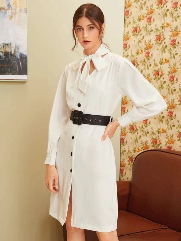 CM-DS929125 Women Elegant European Style Long Sleeve Tie Neck Belted Midi Shirt Dress - White
