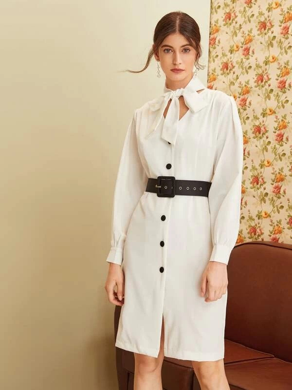CM-DS929125 Women Elegant European Style Long Sleeve Tie Neck Belted Midi Shirt Dress - White