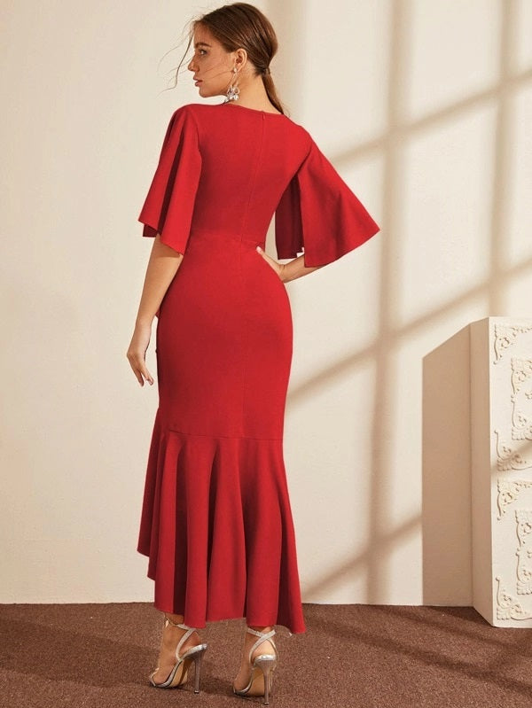 CM-DS919142 Women Elegant Seoul Style Half Split Sleeve Ruffle Hem Wrap Dress - Red