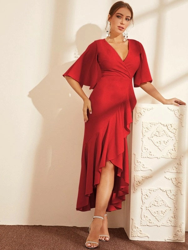 CM-DS919142 Women Elegant Seoul Style Half Split Sleeve Ruffle Hem Wrap Dress - Red