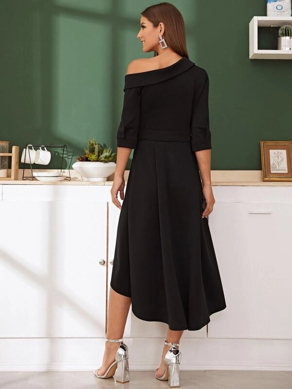 CM-DS906028 Women Elegant Seoul Style Shawl Collar Asymmetrical Neck Flare Dress - Black