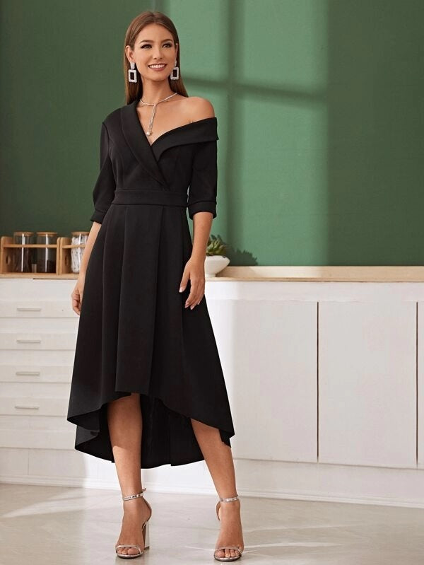 CM-DS906028 Women Elegant Seoul Style Shawl Collar Asymmetrical Neck Flare Dress - Black