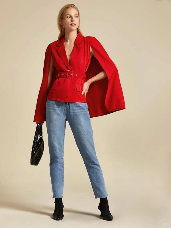 CM-CS930592 Women Elegant European Style Lapel Collar Belted Single Button Cape Blazer - Red