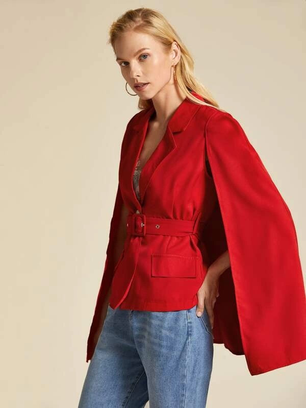 CM-CS930592 Women Elegant European Style Lapel Collar Belted Single Button Cape Blazer - Red