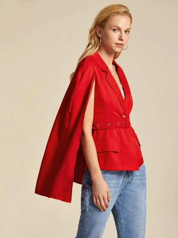 CM-CS930592 Women Elegant European Style Lapel Collar Belted Single Button Cape Blazer - Red