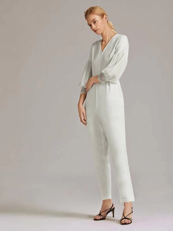 CM-JS905810 Women Elegant Seoul Style Lantern Sleeve Lace Cuff Solid Long Jumpsuit - White