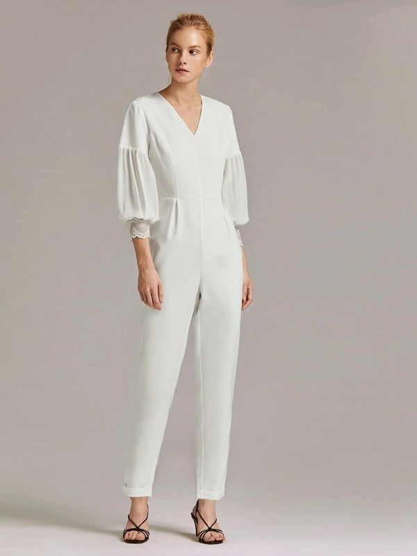 CM-JS905810 Women Elegant Seoul Style Lantern Sleeve Lace Cuff Solid Long Jumpsuit - White