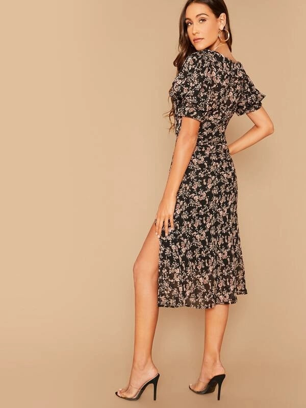 CM-DS916806 Women Casual Seoul Style Sweetheart Neck Puff Sleeve High Split Floral Dress