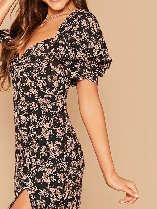CM-DS916806 Women Casual Seoul Style Sweetheart Neck Puff Sleeve High Split Floral Dress