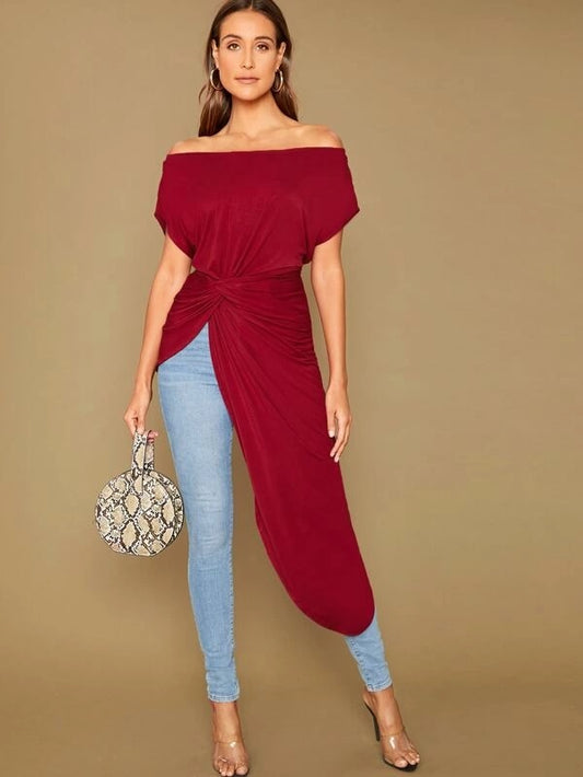 CM-TS905099 Women Casual Seoul Style Off Shoulder Twist Front Asymmetrical Hem Top - Wine Red
