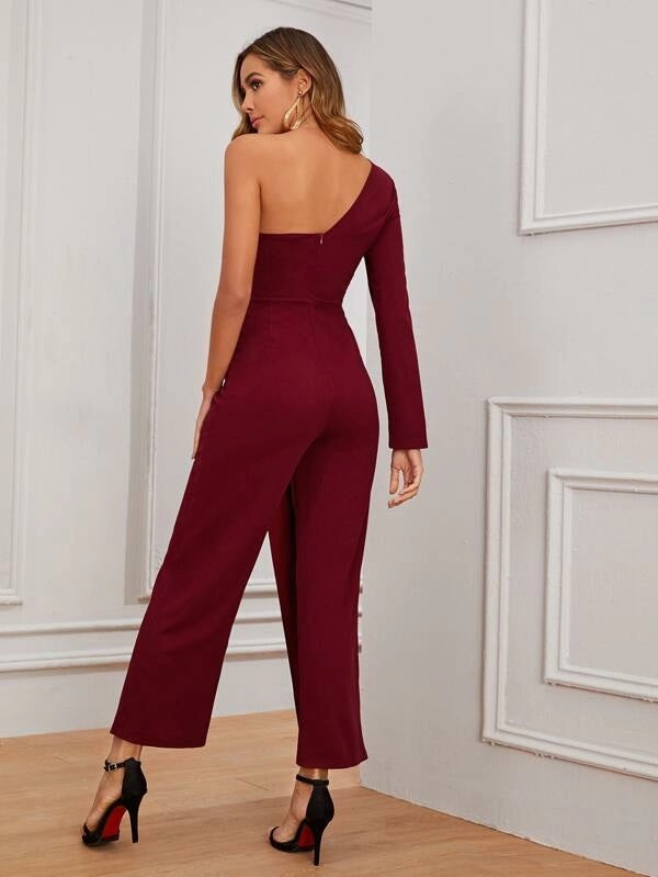 CM-JS912675 Women Elegant Seoul Style One Shoulder Single Button Wide Leg Jumpsuit - Wine Red