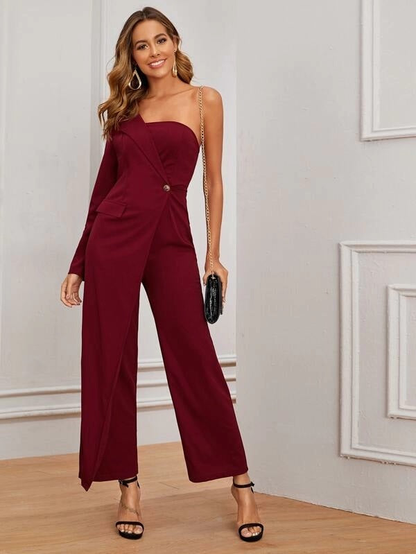 CM-JS912675 Women Elegant Seoul Style One Shoulder Single Button Wide Leg Jumpsuit - Wine Red