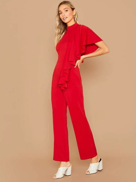 CM-JS916633 Women Elegant Seoul Style Mock-Neck Exaggerate Ruffle Trim Wide Leg Jumpsuit - Red